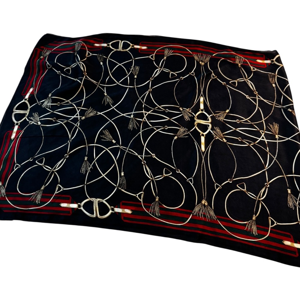 Vintage Equestrian Silk Scarf Women OS Black‎ Red Green Horse Bit Tassel Good - Picture 6 of 7